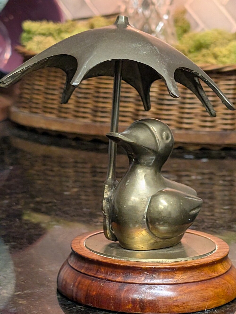 Antique Brass Duck Figurine Holding Umbrella On Solid Wood Base